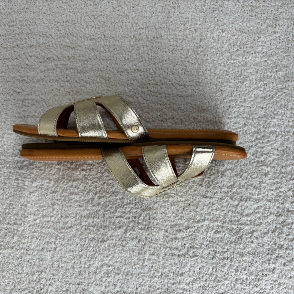 Ugg Sandals Womens 11 Gold Metallic Teague Slip On Slides Slippers Flats - Picture 2 of 15